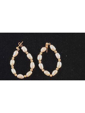 14k Gold Freshwater Natural Baroque Pearl Hoop Earrings Gold Beads FREE SHIPPING